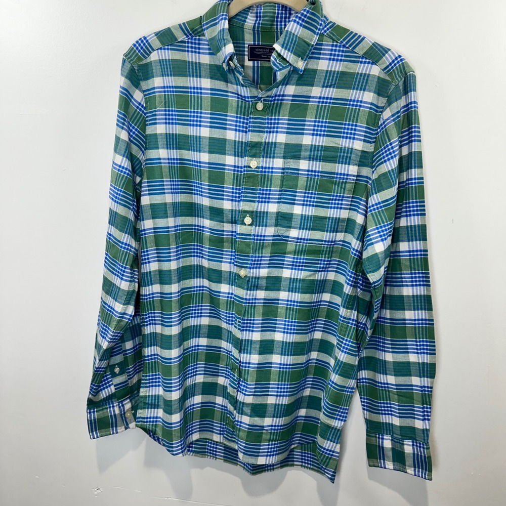 Vineyard Vines Plaid Green Blue Button Down Long Sleeve Shirt Linen Blend XS